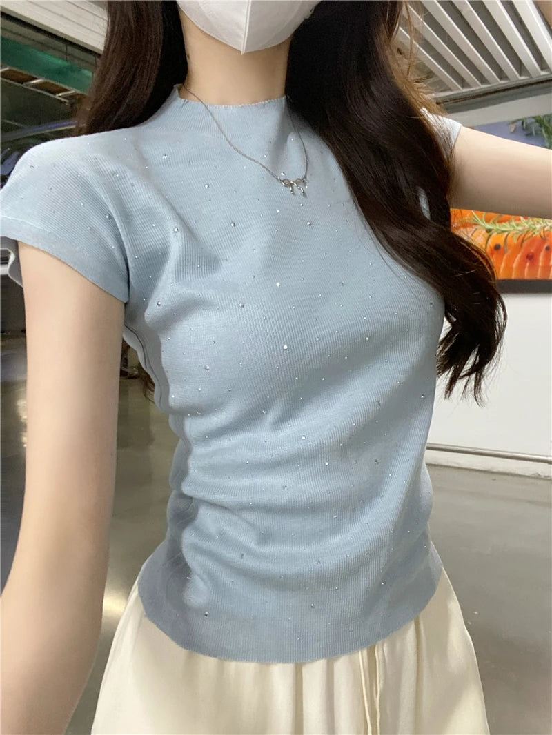Blue Bead Knitted Top Women's Slim Fit ort Sve round Ne T-irt Summer 2025 New Design Commute Sle Knittedwear