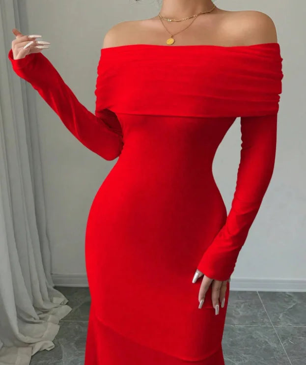 European and American 2025 Cross border Spring/Summer New French Fashion One Piece Collar Slim Fit High Waist Sexy Banquet Dress