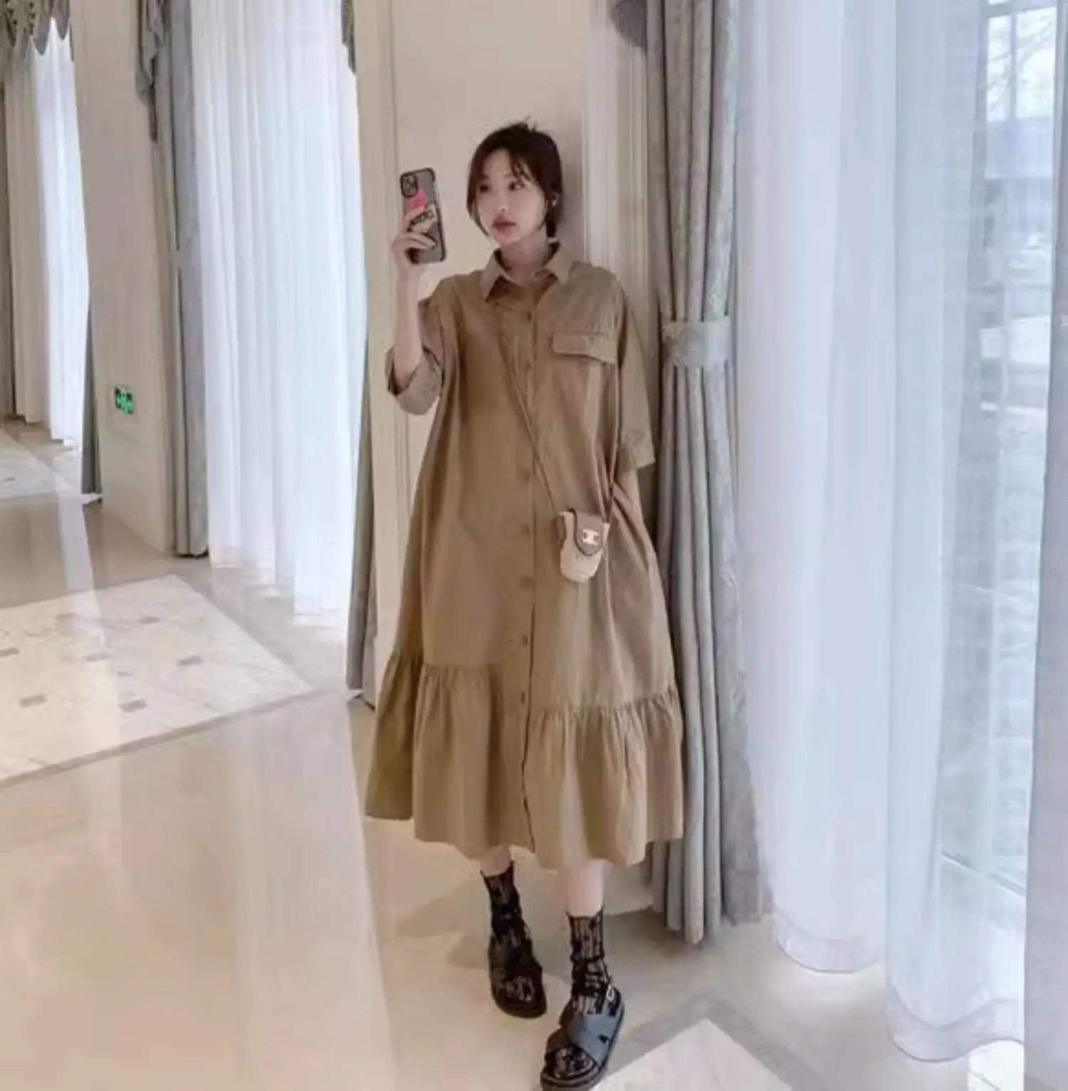 plus Size Khaki Shirt Dress Women Casual Summer Loose Fit High Waist A-Line Skirt Long Sleeve Polo Collar Polyester Fiber