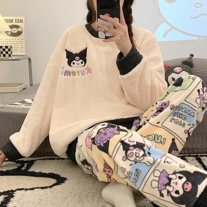 Transborder Flannel Pyjamas Women's Autumn Winter Round Neck Long Sleeve Cute Japanese Cartoon Student Warm Home Clothes Set