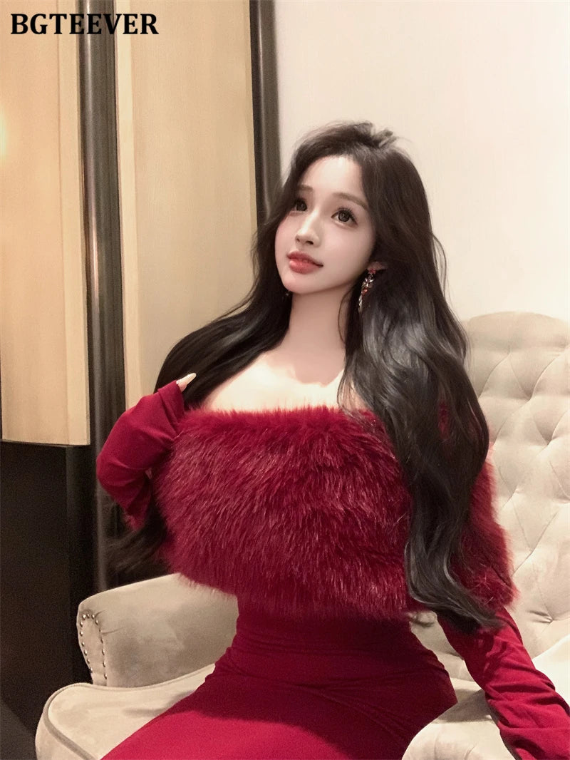 BGTEEVER Autumn Winter Fashion Slash Neck Ladies Skinny Package Hip Sweater Dress Elegant Long Sleeve Female Slim Knitted Dress