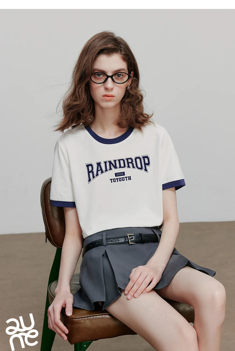 TOYOUTH Women Short Sleeve T shirt 2025 Summer New Color Blocked Letter American Style Antibacterial Cotton Tops GT5210004