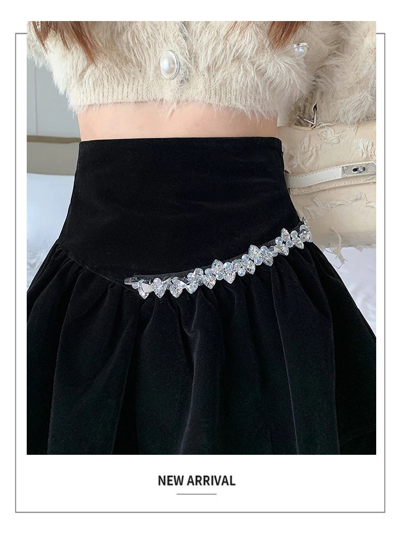 Bla Velvet Cake f Skirt Women's Autumn Winter High Waist A-Line Fluffy ort Skirt Small Size Pleated f Skirt