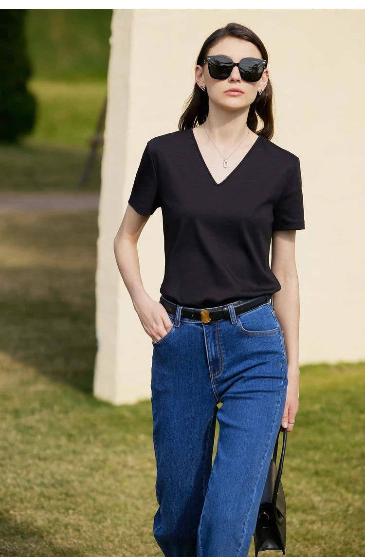 AMII Minimalism 100% Cotton Hollow Out Solid Short Sleeves Tees 2025 Spring New V Neck Top Women Casual Female T Shirt 12342289