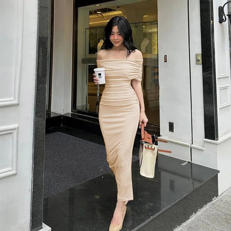 Spring European and American One Shoulder Pleated Dress Slim Fit and Slim Slim Slim Split Bottom Dress Long Dres