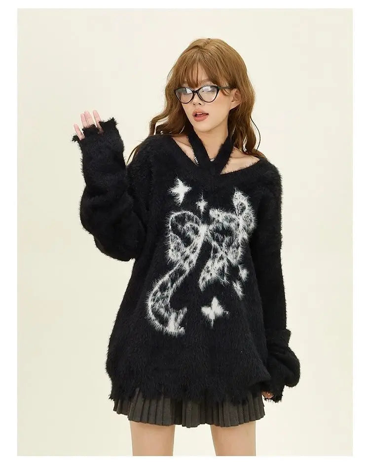 Winter American New Green Bow Neck Sweater Women Loose Print Pattern Vintage High Street Lazy Wind Knitted Sweater