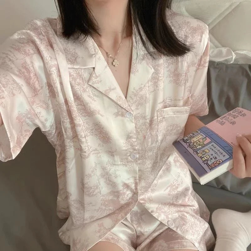 Women's 2pcs Cute Print Short Sleeve Button Top and Shorts Pink Sleepwear Soft Comfy Homewear Casual Loungewear Pajama Set