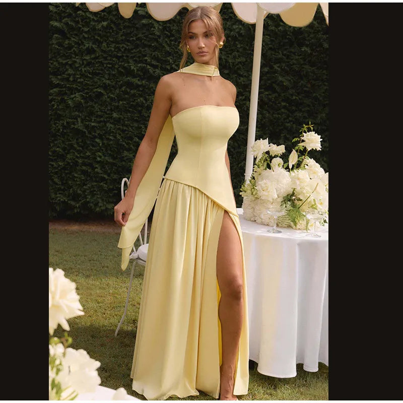 Butter Yellow Scarf Neck Split Long Dress Women Elegant Strapless Slim Fit High Waist Vestidos 2025 Lady Evening Party Gowns New