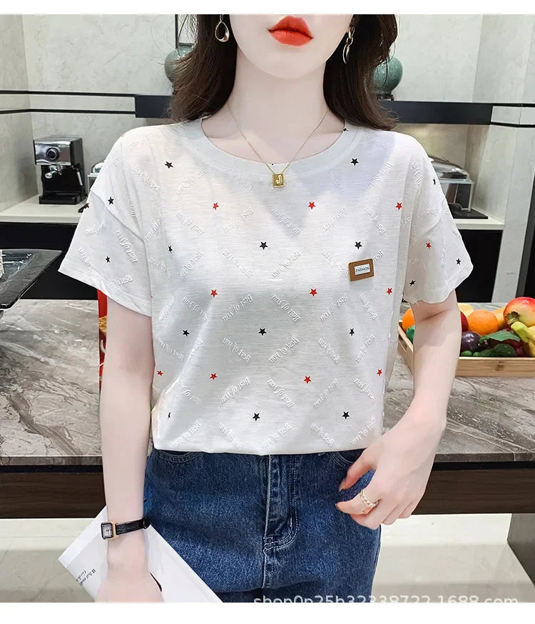 Summer Women's Loose-Fit Plus Size White Half-Sleeve T-Shirt New Style Casual Crew Neck Decorative Bodysuit Top Ins Trendy