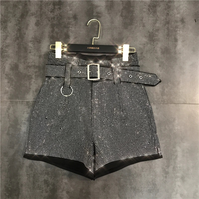 Women Black Rhinestone Belt Shorts New Arrivals High Waist Fashion Temperament summer Autumn Female Streetwear Short Ropa Mujer