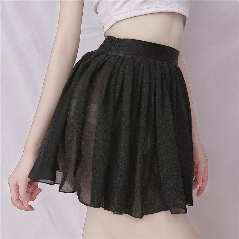 FREEAUCE Elastic See Through A-Line Pleated Mini Skirts Solid Black Sexy Long High Waisted White Lace Short Skirt for Women