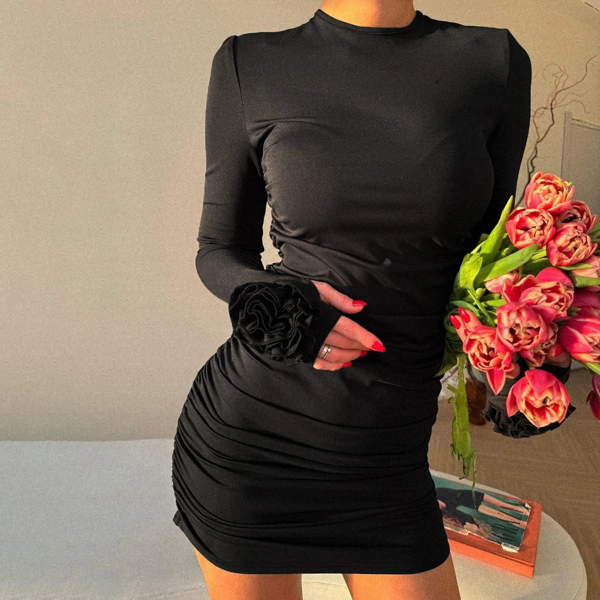 Hugcitar 2025 Elegant Solid Long Sleeve Tie Flowers Sexy Bodycon Pleated Mini Dress Spring Women Outfits Birthday Party Festival
