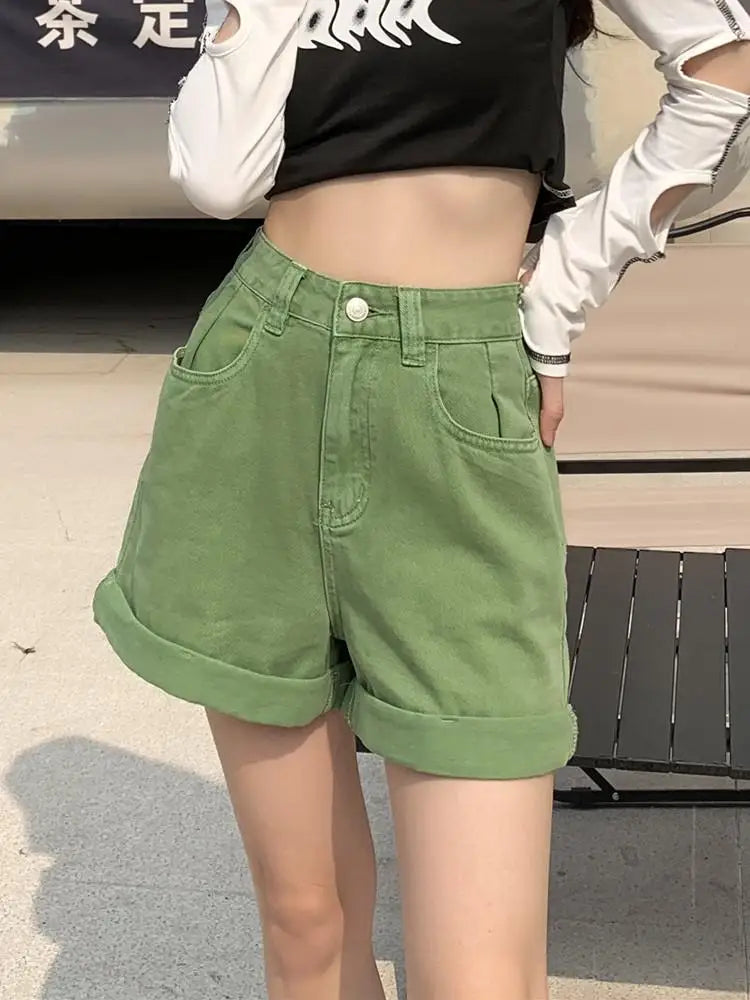 GUUZYUVIZ Green Shorts Feminina Summer Casual Loose Vintage  Jeans Shorts Women Streetwear High Waisted Wide Leg Denim Shorts