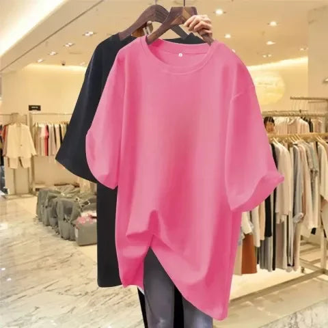 Pink Women's T-shirt Short Sleeve Medium-length Loose-fit Printing Heart Design European Style Casual Wear