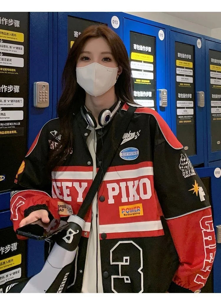 2023 Y2k Red White Bomber F1 Jacket Women Men Biker Racer Jacket Retro Hip Hop Grunge Clothes Trend Oversize Windbreaker Varsity