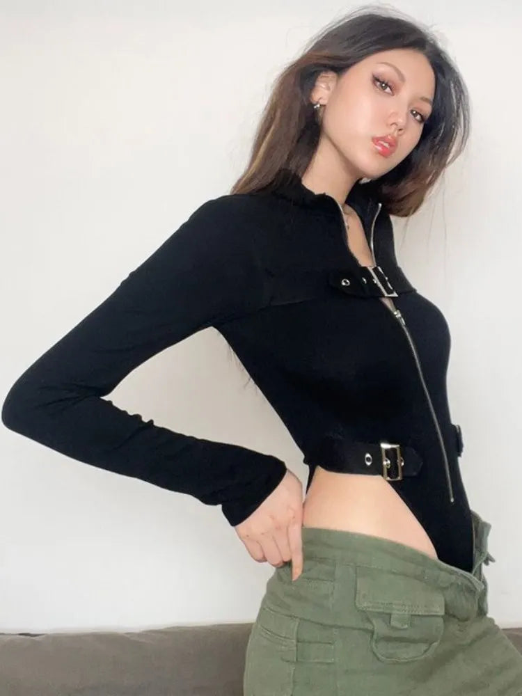 Punk Motorcycle-style Metal Button Zipper Jumpsuit Women Sports Bodycon Streetwear Y2k Retro Long Sleeve Cardigan Tops Bodysuits