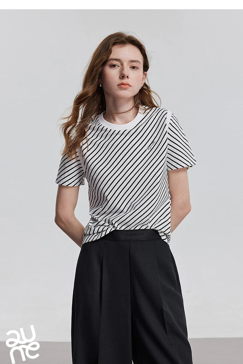 TOYOUTH Women Short Sleeve Striped T shirt 2025 Spring New Tops 8521021