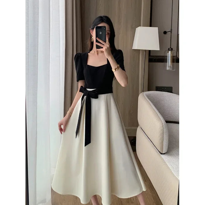 Elegant High-waisted Slimming Black Square Collar Long Dress 2024 New Style Vintage French Fashion For Women