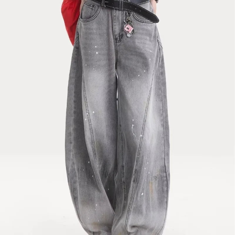 American retro washing smoke grey ink jeans scimitar straight wide-leg lazy style casual trousers Korean style