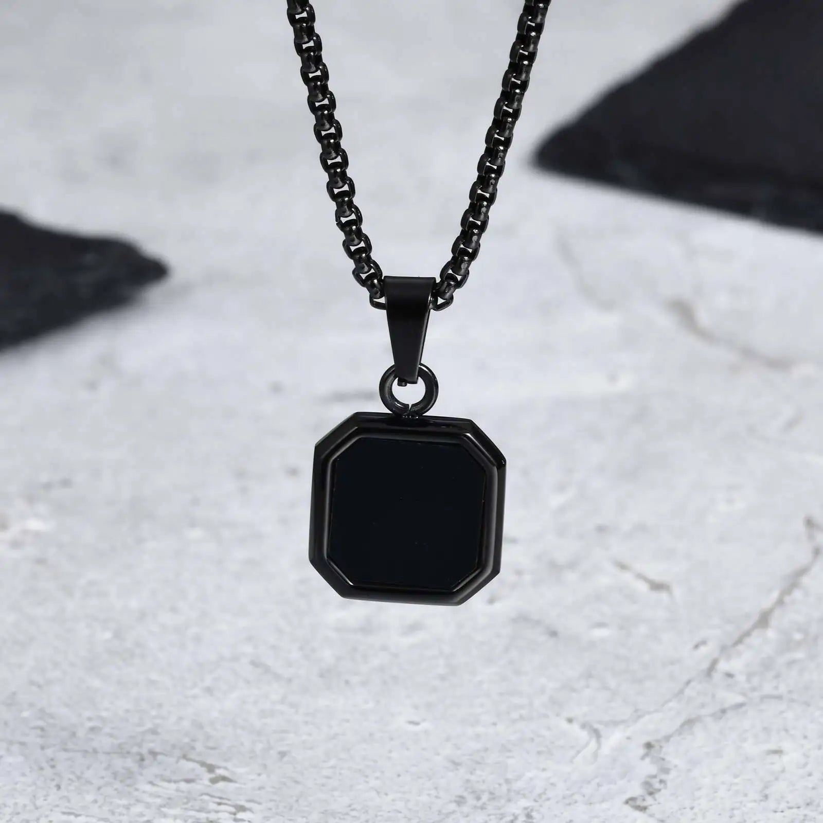 Casual Black Enamel Necklaces for Men,Waterproof Stainless Steel Square Pendant Necklace,Simple Fashion Male Collar Jewelry Gift