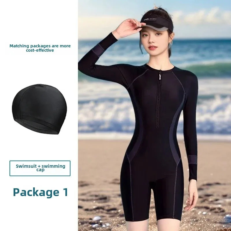 Conservative One-Piece Swimsuit for Women Long Sleeve Thermal Spa Swimwear Slimming Hide Meat Effect Surfing Thermal Spa Swimsui