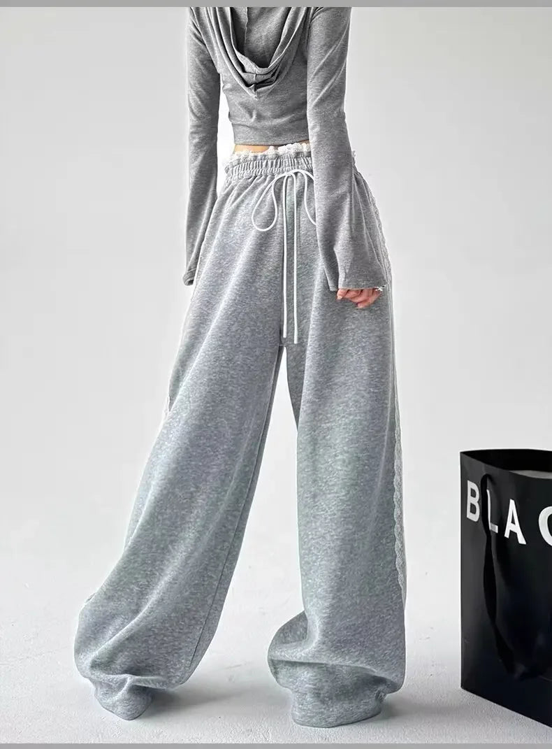 Trendy Casual Wide Leg Pants Women's Autumn Winter High Waist Splicing Lace Trim Drapey Slimming Sporty Trousers