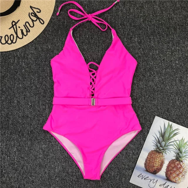 2025 Sexy Lace Up Halter Female Swimwear One Piece Swimsuit Women Backless Monokini with Waist Belt Bathing Suit Swim Bodysuit