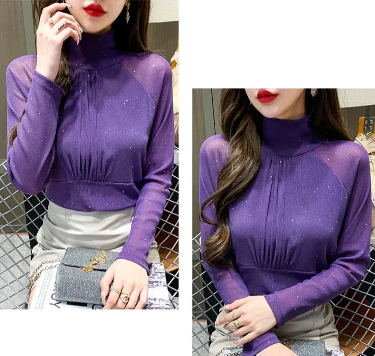 Sequin Long Sleeve T Shirt for Women Rhinestone Slim Plain Glitter Tops Woman Korean Popular Clothes With Sleeves Pulovers Kpop