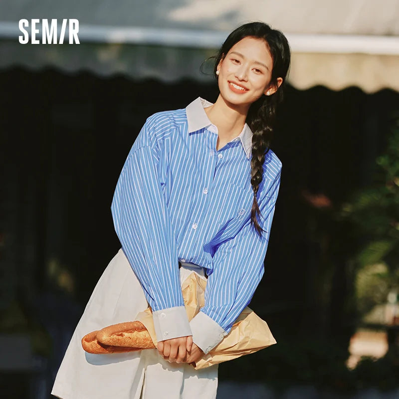 Semir Long Sleeve Shirt Women Mid-long Style Striped Pure Cotton 2025 New Spring Embroidery Oversize Blouse for Commuting