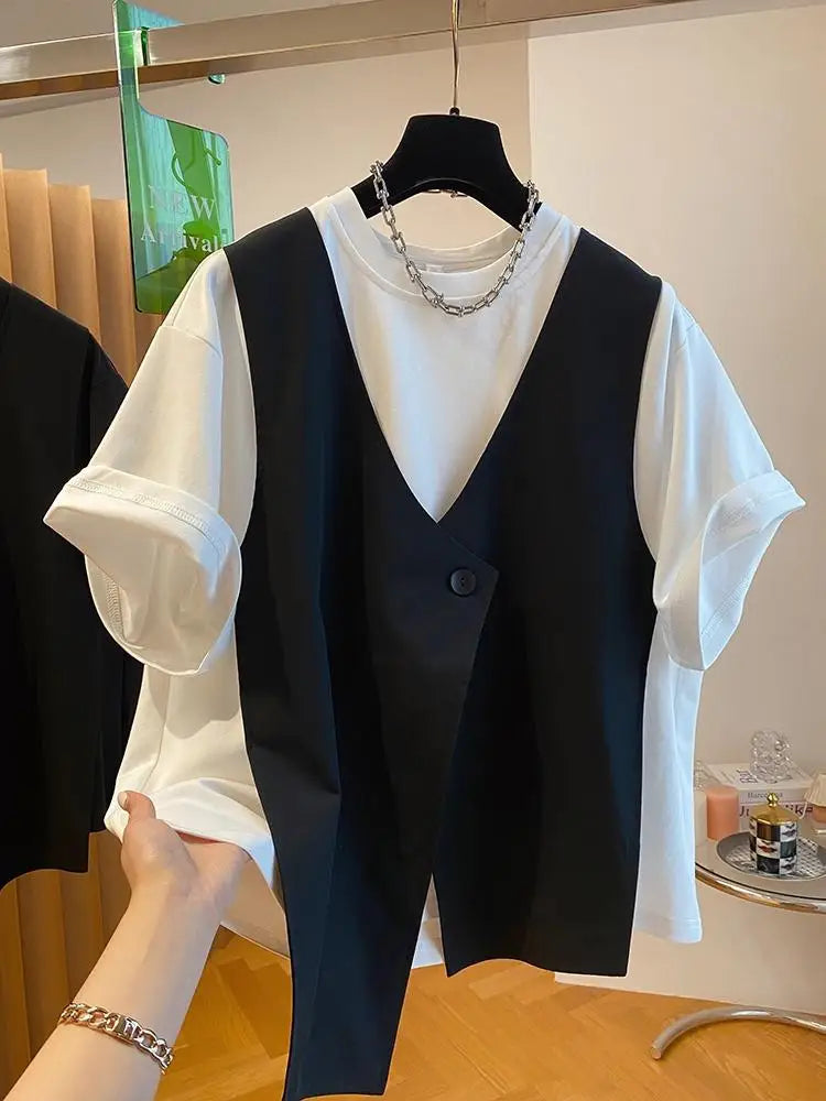 Fashion Fake Two Piece T Shirt Women Niche Design Sense T-shirt Loose Casual Stitching Vest Button Short Sleeve Tshirt
