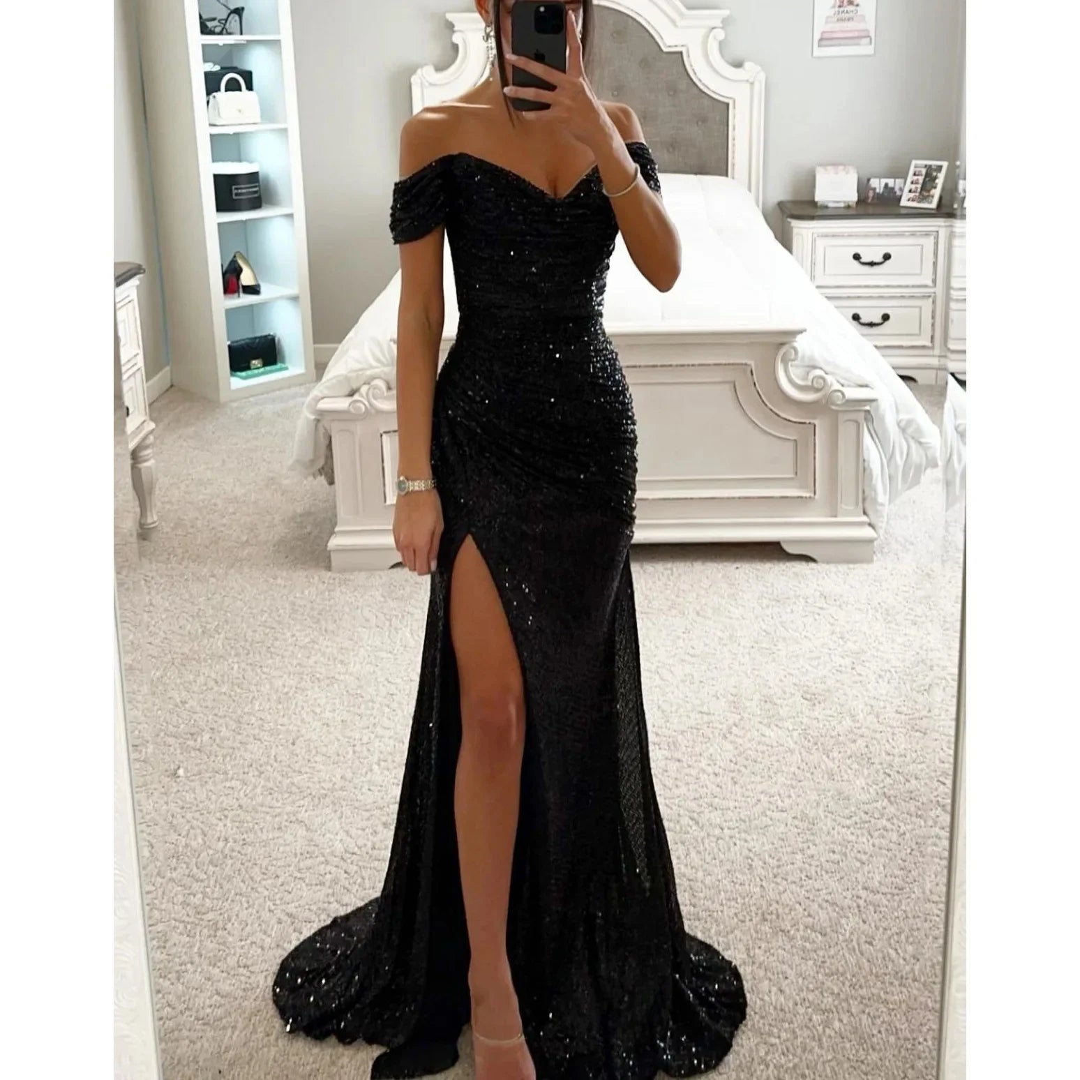 Sexy Side Slit Ballgown Shiny Sequins Women's Dress Independent Station Polyester Borderless Flashing Lightweight Fashion