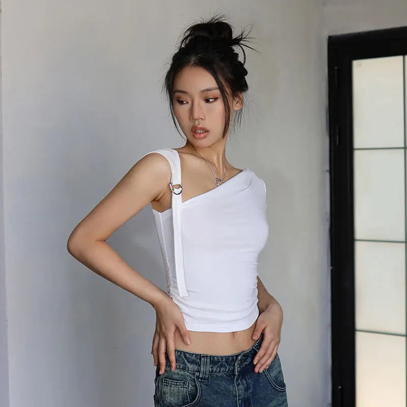 Summer T-shirts Women Sexy Folds Sweet Irregular Bandage Design Slim Chic Skew Collar Crop Tops Aesthetic Club American Clothes