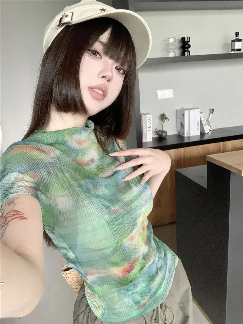 Turtleneck Woman Tops Tie DyeT Shirt for Women Japanese Vintage Fashion Korean Reviews Many Clothes Harajuku Clearance Basic