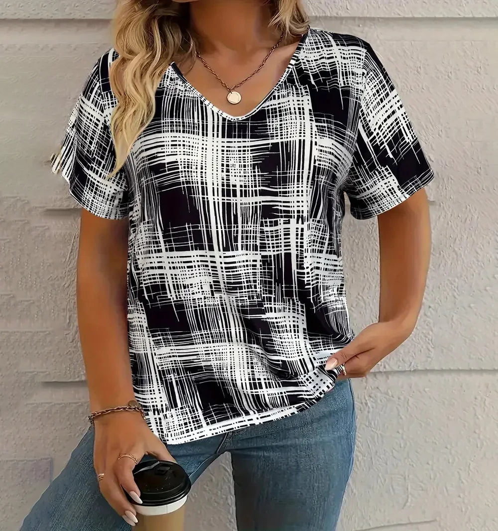 Summer Vintage Women's T-shirt Casual Plaid Pattern Printed Clothing Outdoor V-neck Short Sleeve Top Fashion Street T-Shirts
