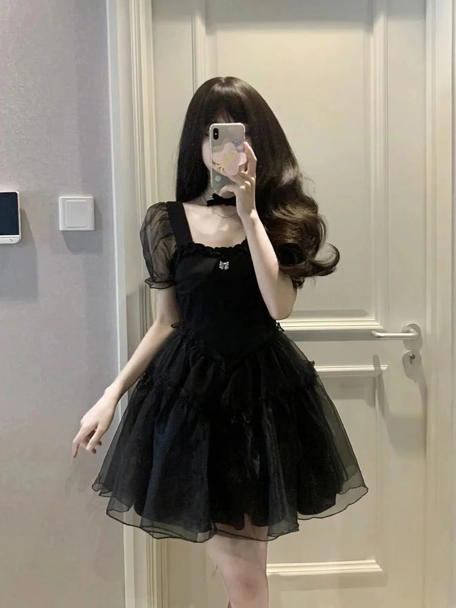 2023 Summer New Black Yarn Dress Fluffy Small Short Square Neck Spicy Girl Sweet Style Small Puff Sleeve Sexy Lovely Short FO30