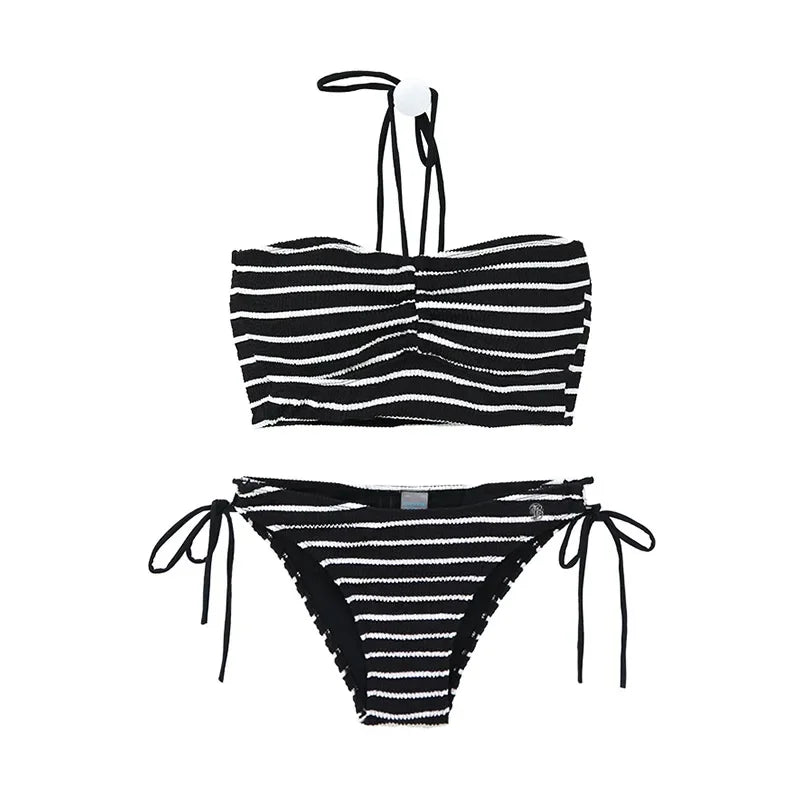 Sexy Backless Stripe White Swimsuit Bikini Pure Desire Style Vacation Separate Swimwear Highlight Skin Color New 2025 Model