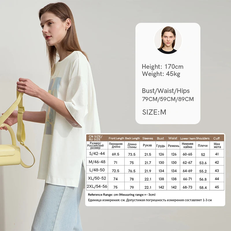 Amii Minimalist Summer T-shirt Women Irregular Design Tops Casual O-neck Abstract Print Loose Dropped Shoulder T-shirt 12522081