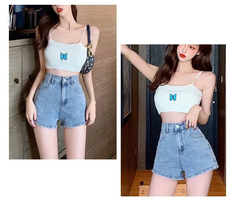 High-waisted Elastic Blue Denim Shorts Side Slot Women's Summer Korean Style Versatile Slimming Outerwear Wide Leg Heat Pants