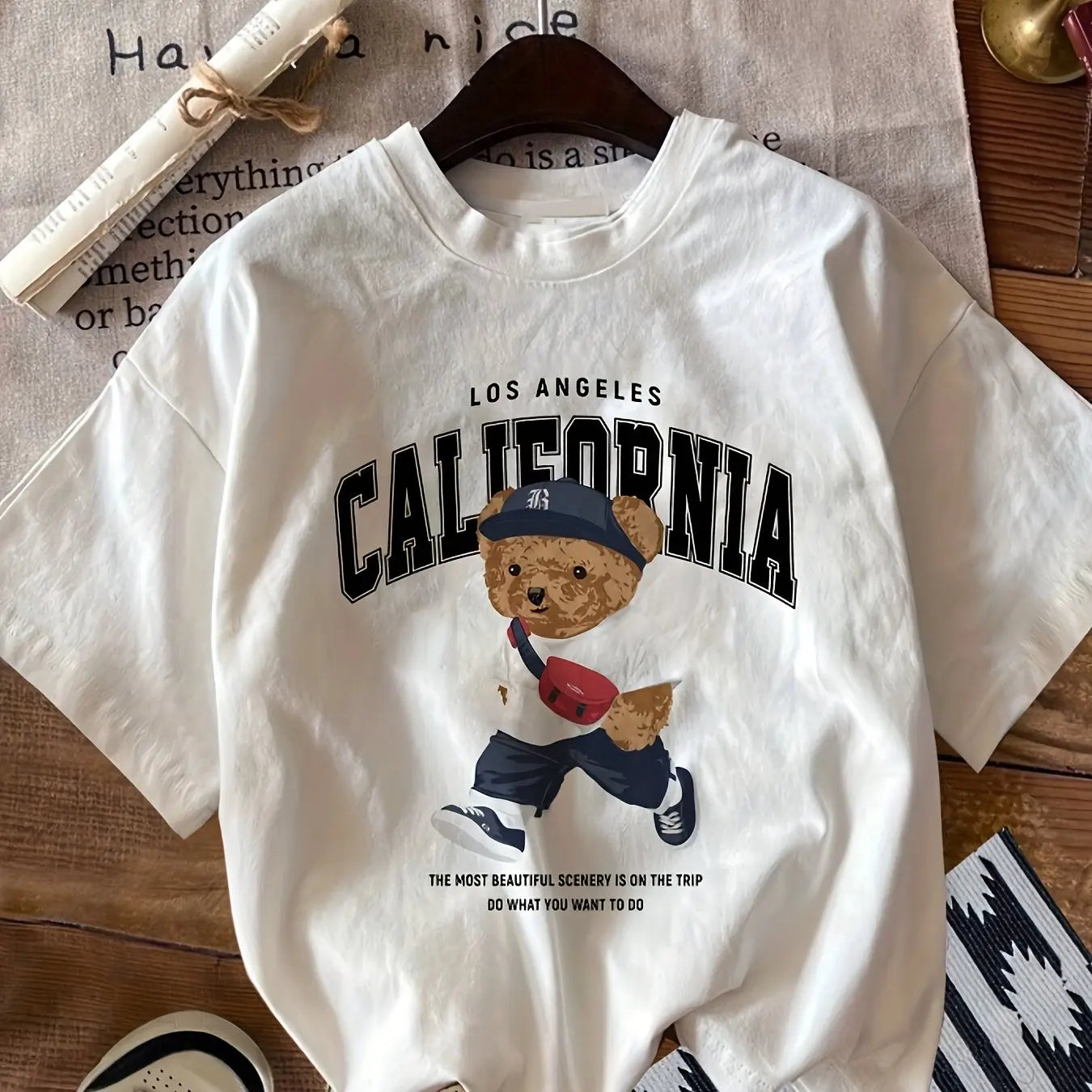 California & Bear Cartoon Print Short Sleeve O-Neck TShirt Spring Summer Top For Women Streetwear Oversized Casual Cotton Tshirt