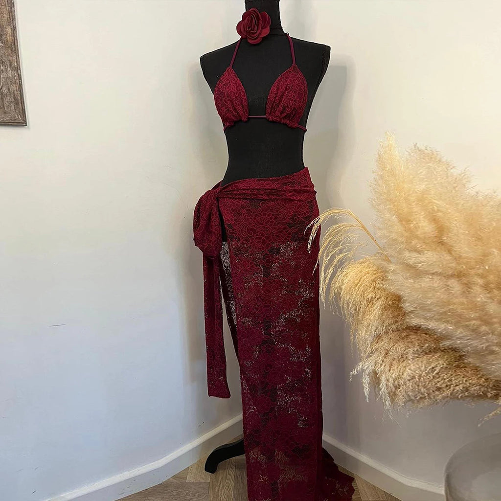 3Packs Flower Bikini With Beach Skirt Lace Up Swimsuit Women Sexy Swimwear Female Crochet Dress Bathing Suits Sarongs Biquini