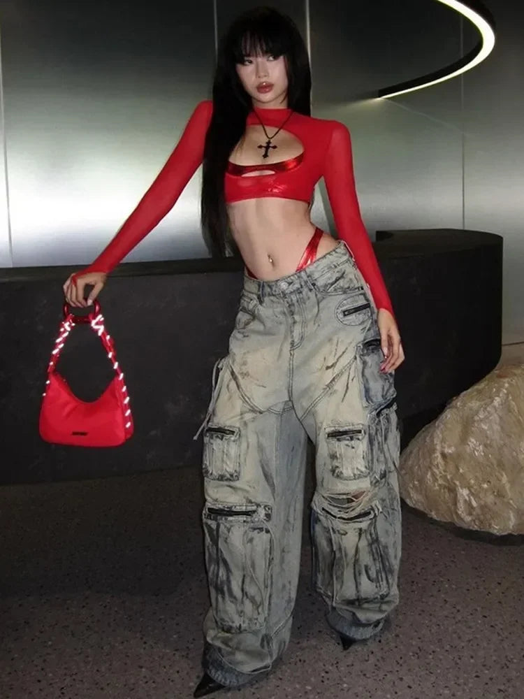 See Through Y2k Clothes Hollow Out Mesh Crop Top Skinny Camisole Mini Ropa De Mujer Rave Outfits 2 Pcs Set T Shirts For Women