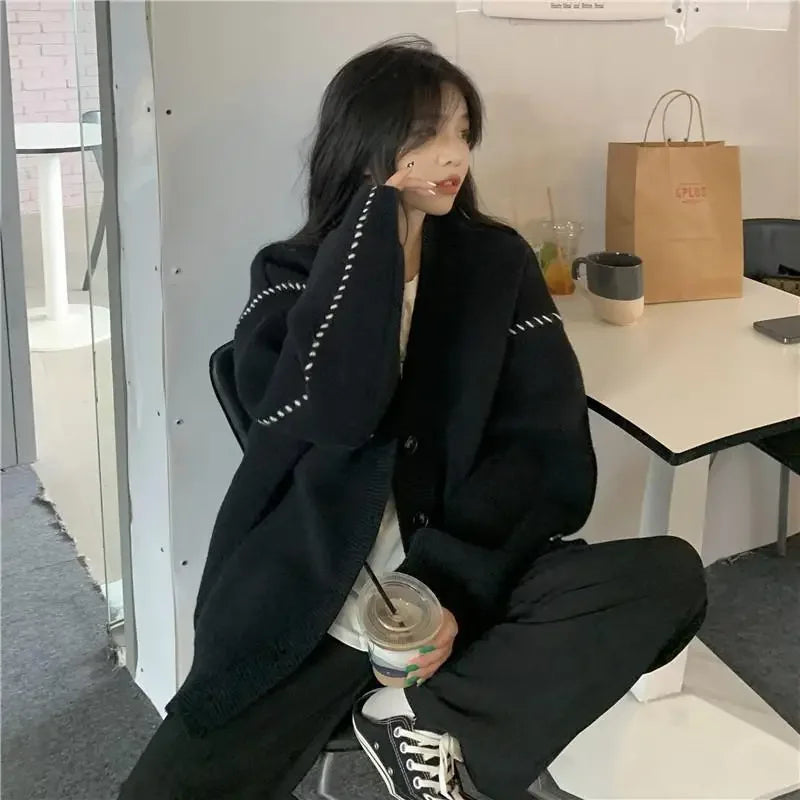 Autumn and Winter Lazy Style V-neck Knitted Sweater Cardigan Women Korean Version Loose Casual All-match Sweater Cardigan Coat