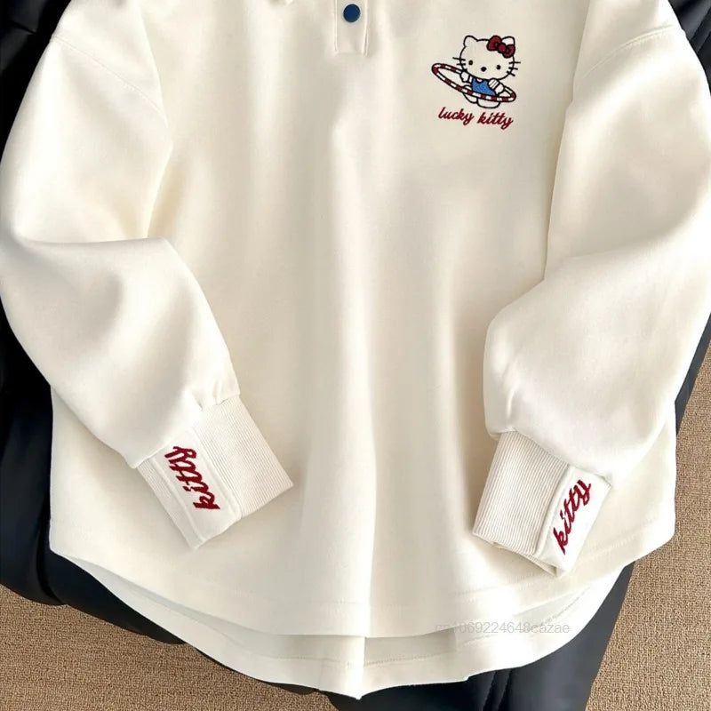 Sanrio Hello Kitty 2025 Spring New Polo Hoodie Women Korean Version Trend Casual Top Y2K Sweet Girl College Style Loose Pullover