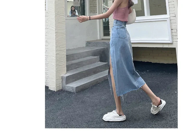 Mid-Length Denim Mini Skirt for Women High Waist Slimming Split Knee-Length Summer Trendy Cotton Half Body Skirts