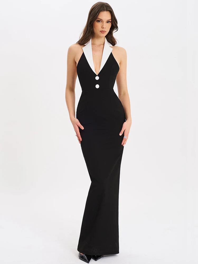 Mozision Halter Backless Sexy Maxi Dress For Women Gown Contrast Color Notched Collar Sleeveless Bodycon Club Party Tank Dress