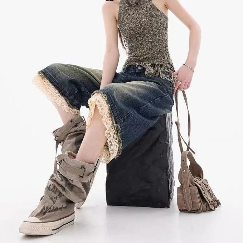 Summer Y2k Oversized High Street Spicy Girl Loose Wide Leg Cropped Pants Trendy American Washed Retro Sexy Lace Patchwork Jeans