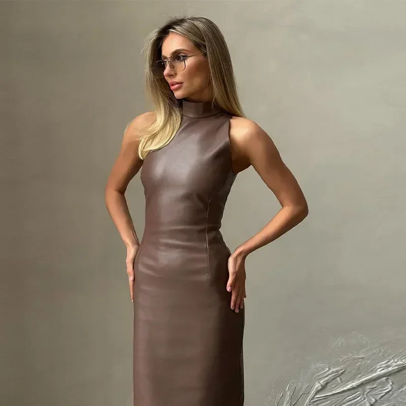 Vintage Midi Leather Dress Women Slim Turtleneck Sleeveless Hip Package Female Dresses 2025 Spring Lady Elegant Party Vestidos