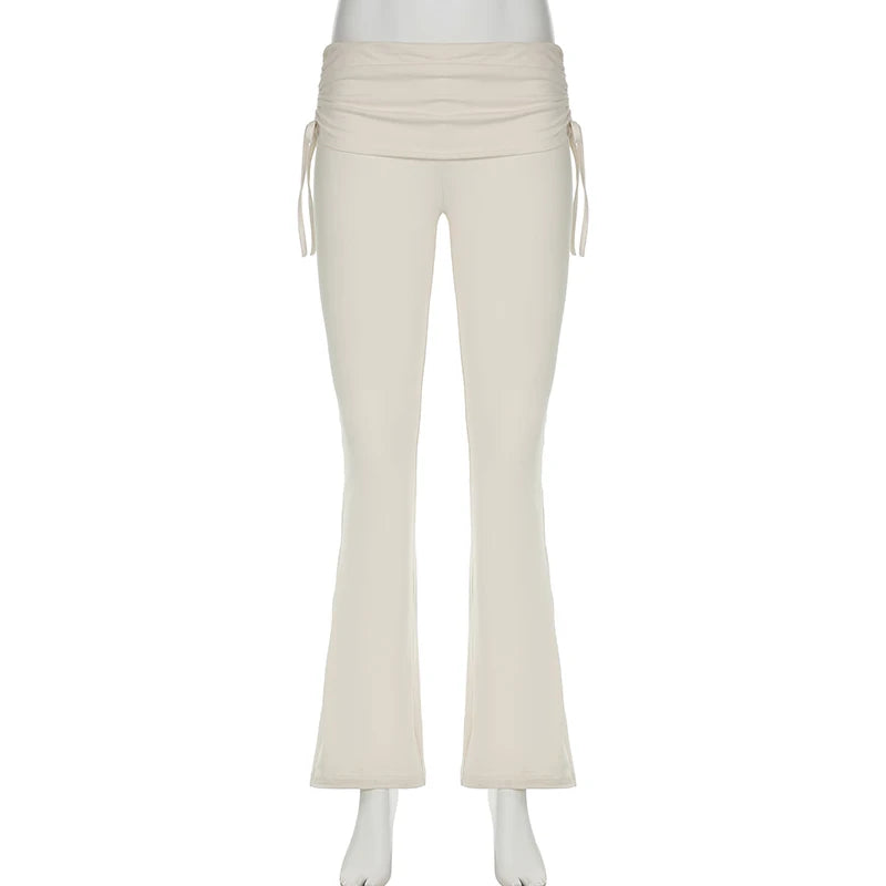 IAMSURE Casual Solid Drawstring Patchwork Pants Slim Low-Waisted Flare Pants Women 2024 Spring Summer Fashion Ladies Streetwear