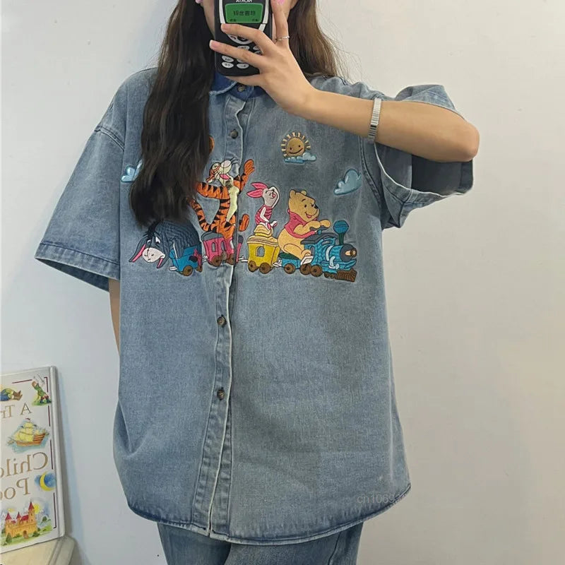 Disney Winnie The Pooh Antique Style Niche Childlike Fun Embroidery Denim Shirt Womem's Summer Loose Shirt Casual Versatile Top