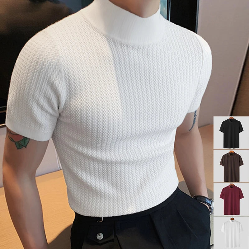 New Summer Fashion Tight T-shirt Casual Streetwear Textured High-neck Solid Color Short-sleeved Bottoming Tees Korean Style Tops